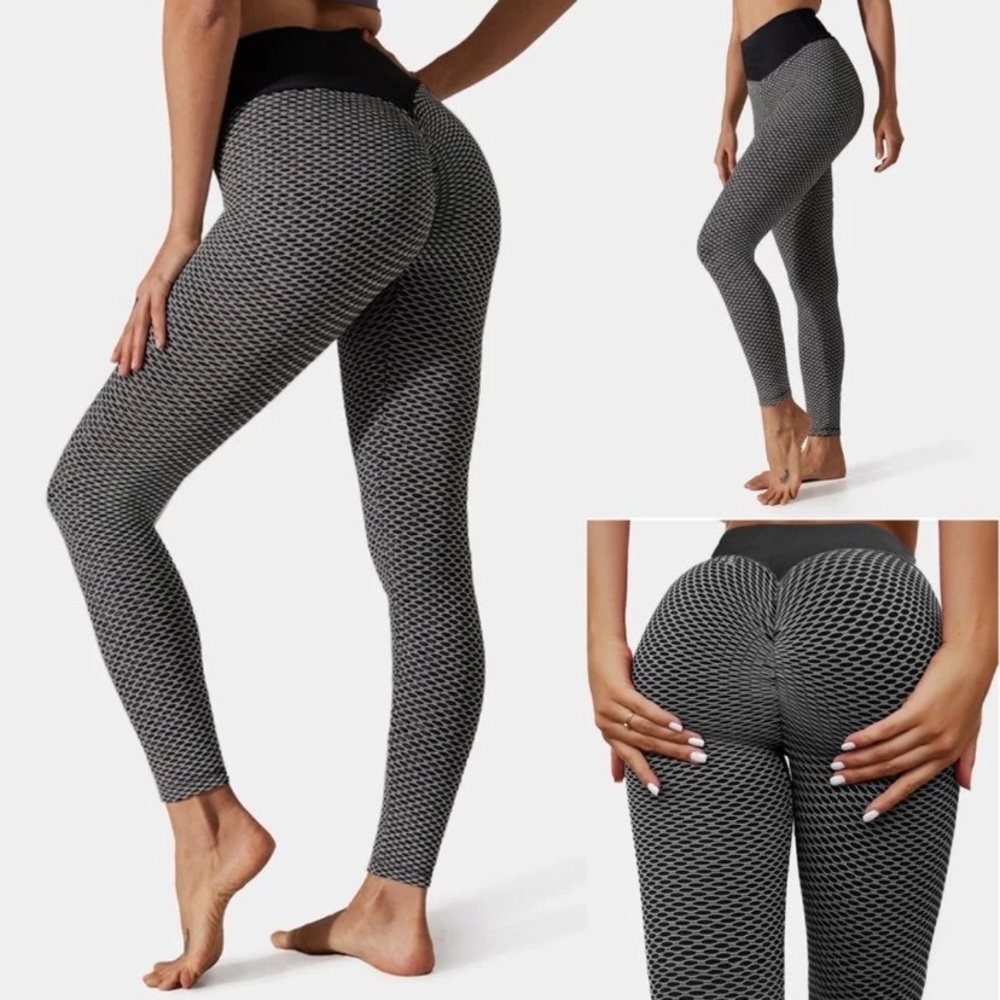 High Waisted Butt Lifting Honeycomb Leggings Booty Lift Pants, Black